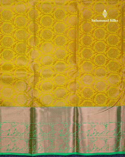 Beautiful Lemon Yellow Bridal Pure Kanjivaram Silk Saree With Contrast Elaichi Green Traditional Evening Morning Border