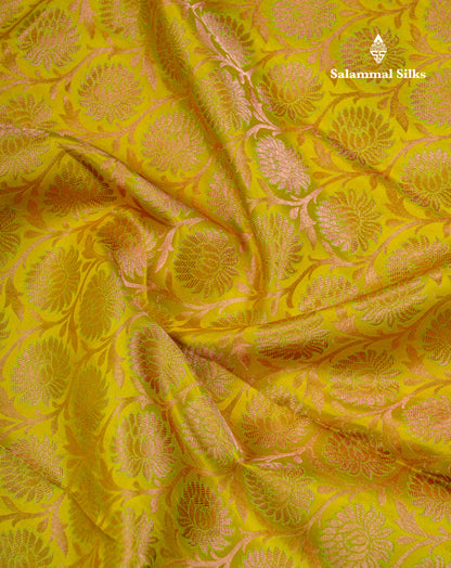 Beautiful Lemon Yellow Bridal Pure Kanjivaram Silk Saree With Contrast Elaichi Green Traditional Evening Morning Border