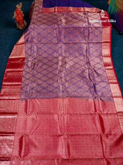 Beautiful Violet Bridal Pure Kanjivaram Silk Saree With Contrast Chilly Red Traditional Evening Morning Border