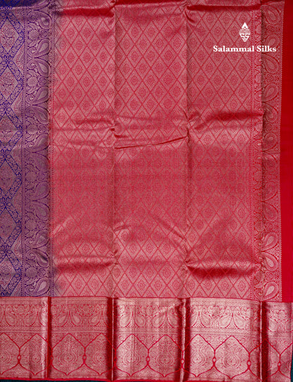 Beautiful Violet Bridal Pure Kanjivaram Silk Saree With Contrast Chilly Red Traditional Evening Morning Border