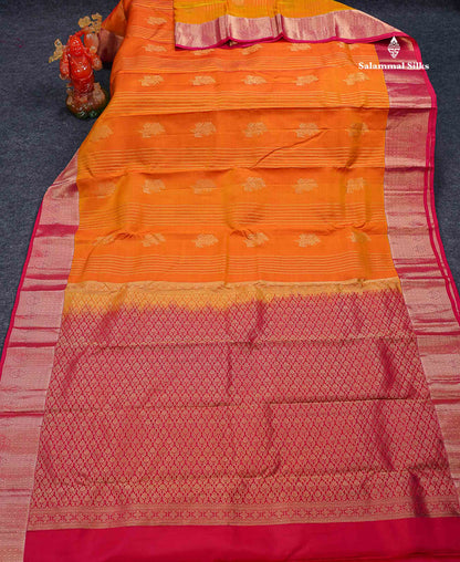 Beautiful Mango Yellow Zari Lines With Butta PureMix Silk Saree With Contrast Pink Traditional Border