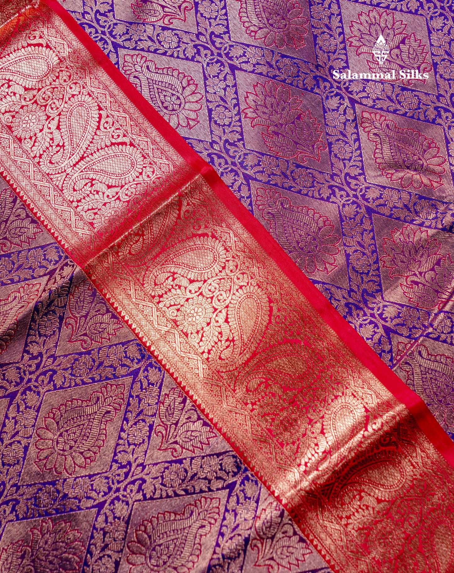 Beautiful Violet Bridal Pure Kanjivaram Silk Saree With Contrast Chilly Red Traditional Evening Morning Border