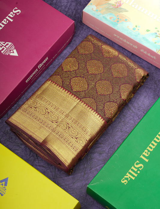 Kanjivaram Beautiful Dark Maroon Pure Silk Saree With Gold Zari Border