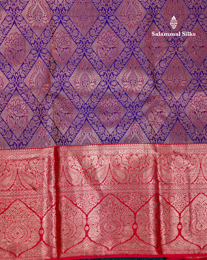 Beautiful Violet Bridal Pure Kanjivaram Silk Saree With Contrast Chilly Red Traditional Evening Morning Border