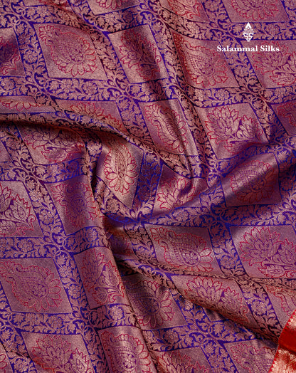 Beautiful Violet Bridal Pure Kanjivaram Silk Saree With Contrast Chilly Red Traditional Evening Morning Border