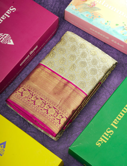 Light Grey Bridal Pure Kanjivaram Silk Saree With Contrast Magenta Border