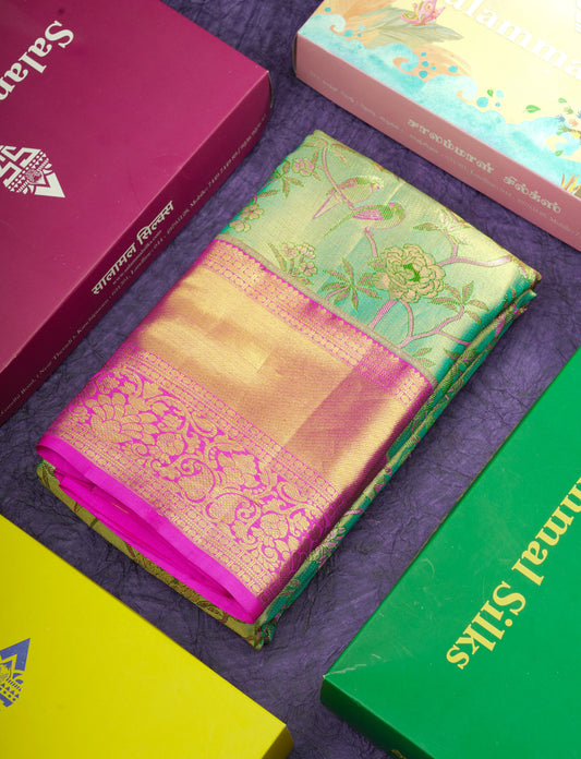 Kanjivaram Green Pink Tissue Pure Silk Saree With Pink Border
