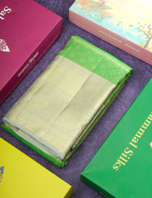 Light Green Bridal Pure Kanjivaram Silk Saree With Contrast Grey Border