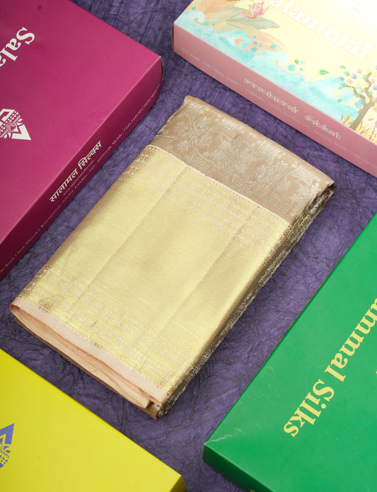 Kanjivaram Light Chocolet Pure Silk Saree With Peach Long Border