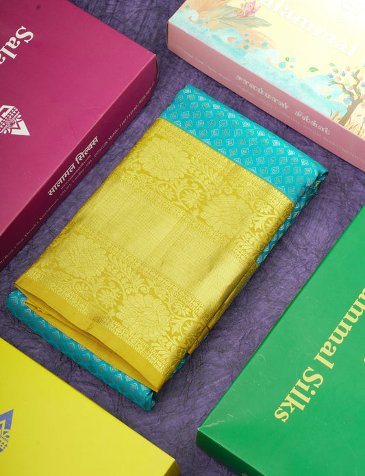 Kanjivaram Beautiful Ramar Blue Gold And Silver Daimond Buttas Pure Silk Saree With Mustard Yellow Border