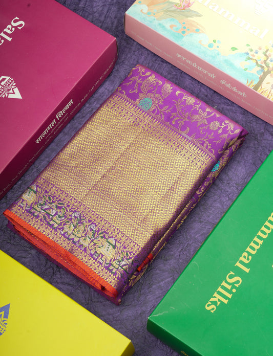 Violet Color Kanjivaram Pure Silk Saree with Contrast Blouse