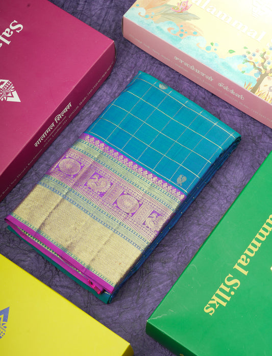 Kanjivaram Peacock Blue Checks  Pure Silk Saree With Violet Border