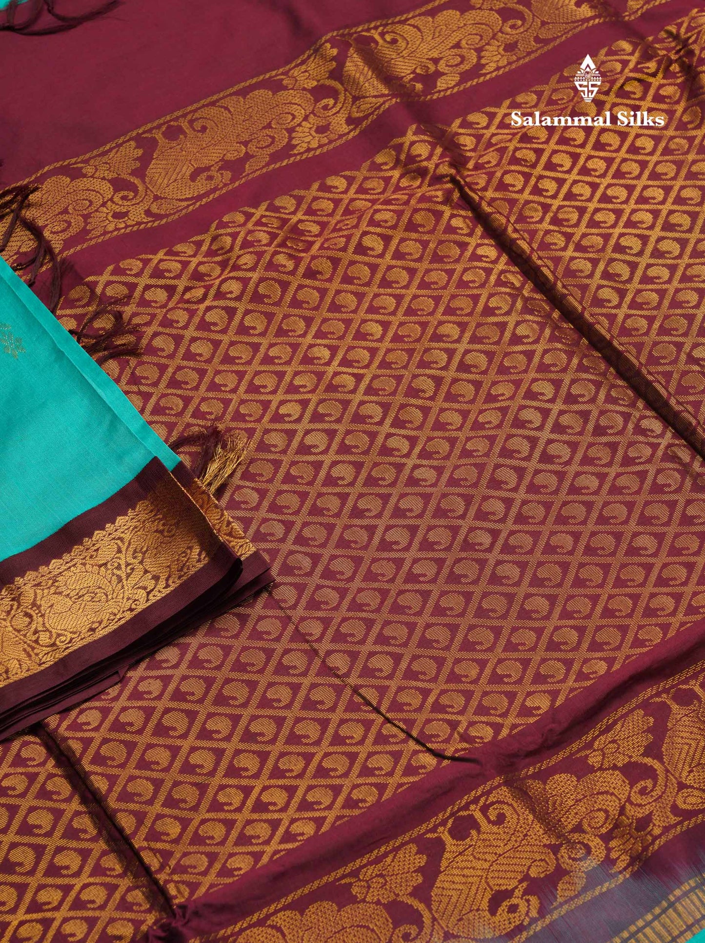 Sapphire Green 9.5 Yards Semi Silk Cotton Saree With Contrast Dark Brown Traditional Border