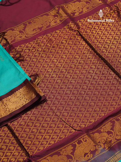 Sapphire Green 9.5 Yards Semi Silk Cotton Saree With Contrast Dark Brown Traditional Border