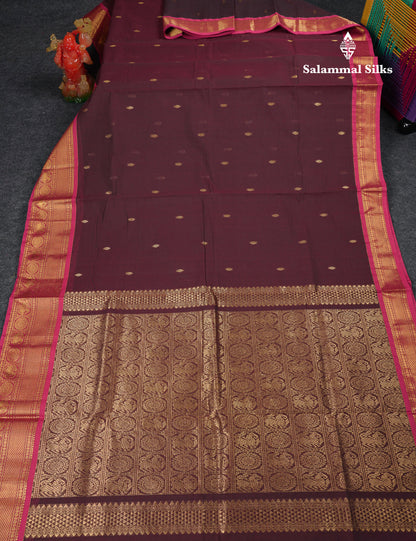 Beautiful Dark Brown Pure Cotton Saree With Contrast Magenta Traditional Border