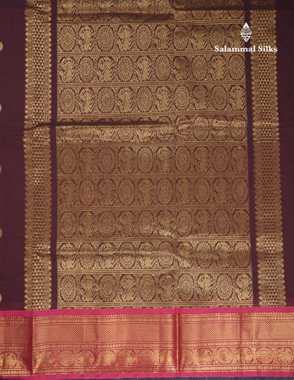 Beautiful Dark Brown Pure Cotton Saree With Contrast Magenta Traditional Border