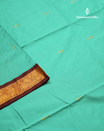 Sapphire Green 9.5 Yards Semi Silk Cotton Saree With Contrast Dark Brown Traditional Border
