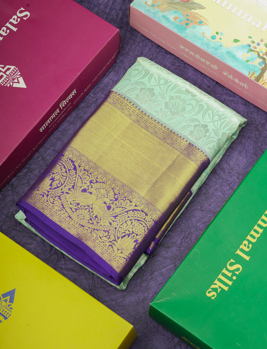 Kanjivaram Ice Blue Exclusive Bridal Silk Saree With Violet Blouse