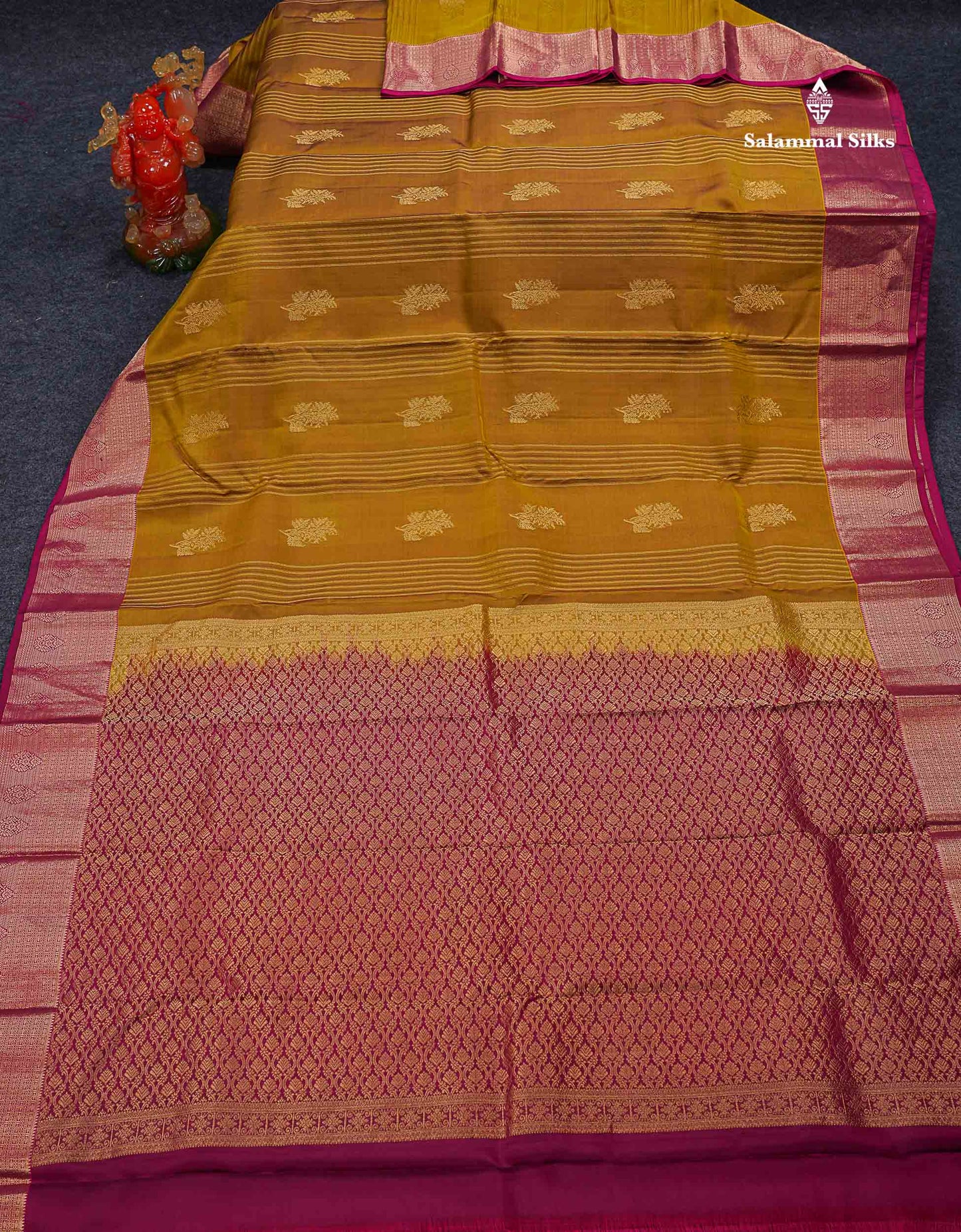 Beautiful Mango Yellow Zari Lines With Butta PureMix Silk Saree With Contrast Pink Traditional Border