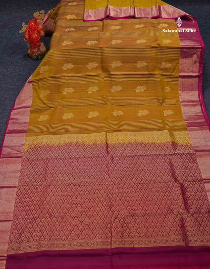 Beautiful Mango Yellow Zari Lines With Butta PureMix Silk Saree With Contrast Pink Traditional Border