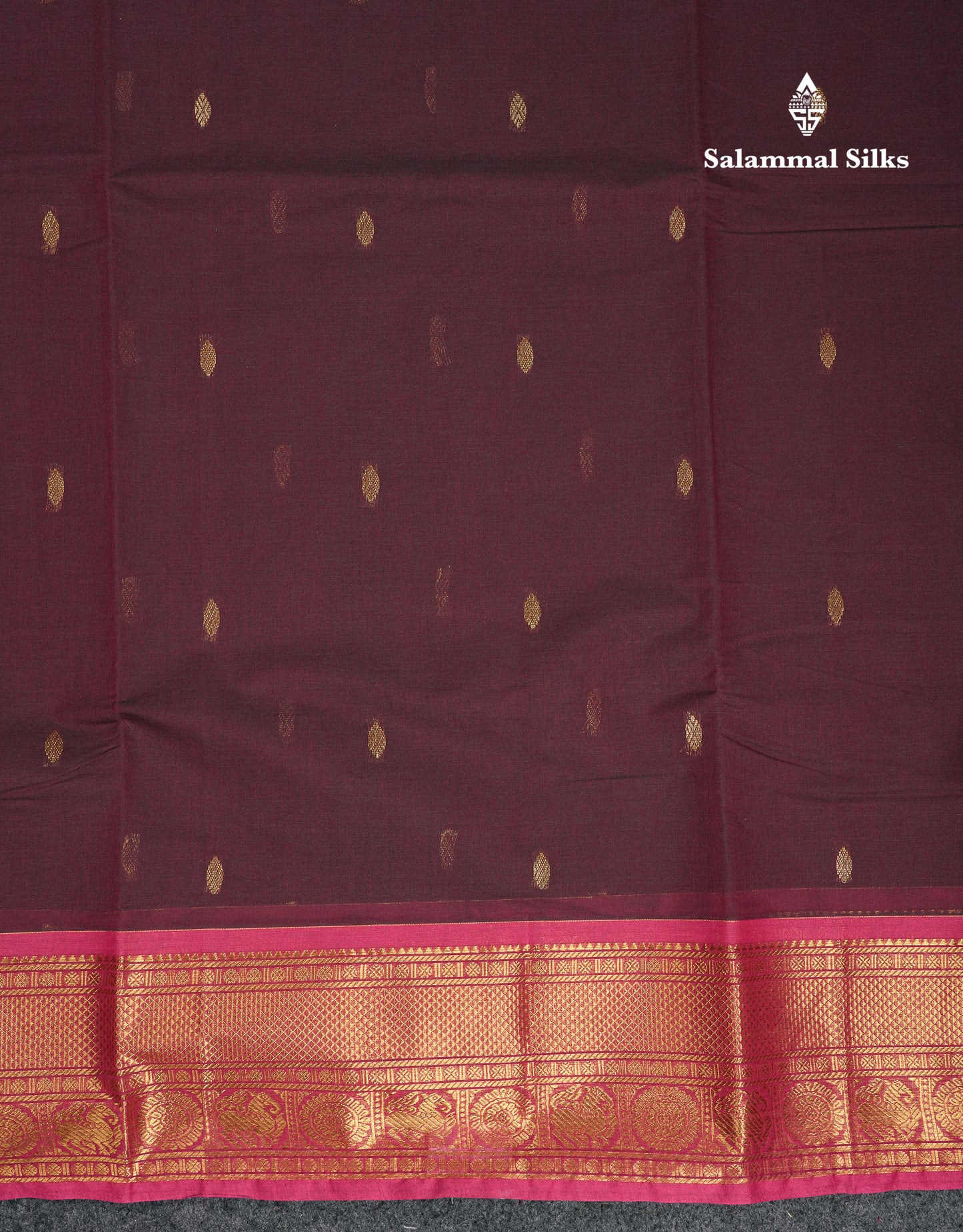 Beautiful Dark Brown Pure Cotton Saree With Contrast Magenta Traditional Border