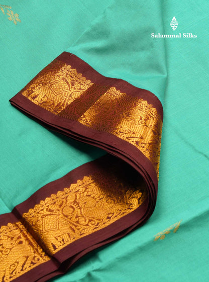 Sapphire Green 9.5 Yards Semi Silk Cotton Saree With Contrast Dark Brown Traditional Border