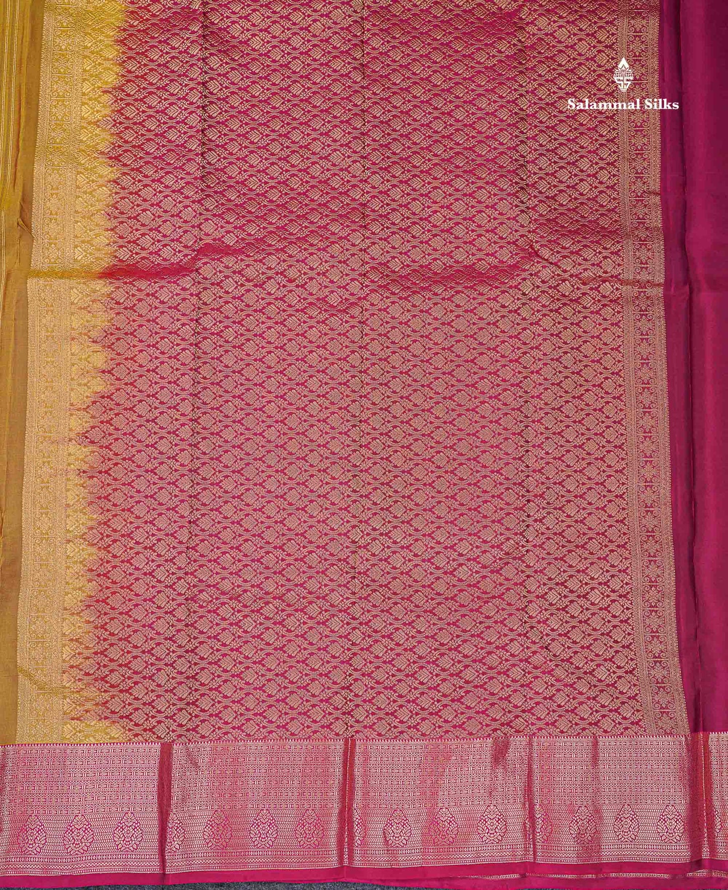 Beautiful Mango Yellow Zari Lines With Butta PureMix Silk Saree With Contrast Pink Traditional Border