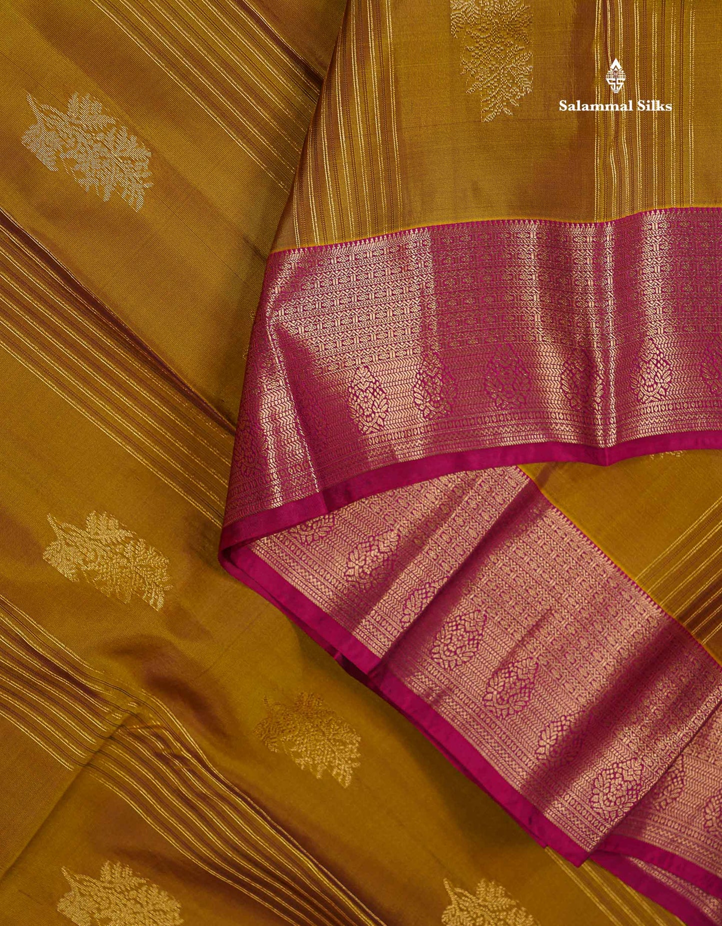 Beautiful Mango Yellow Zari Lines With Butta PureMix Silk Saree With Contrast Pink Traditional Border