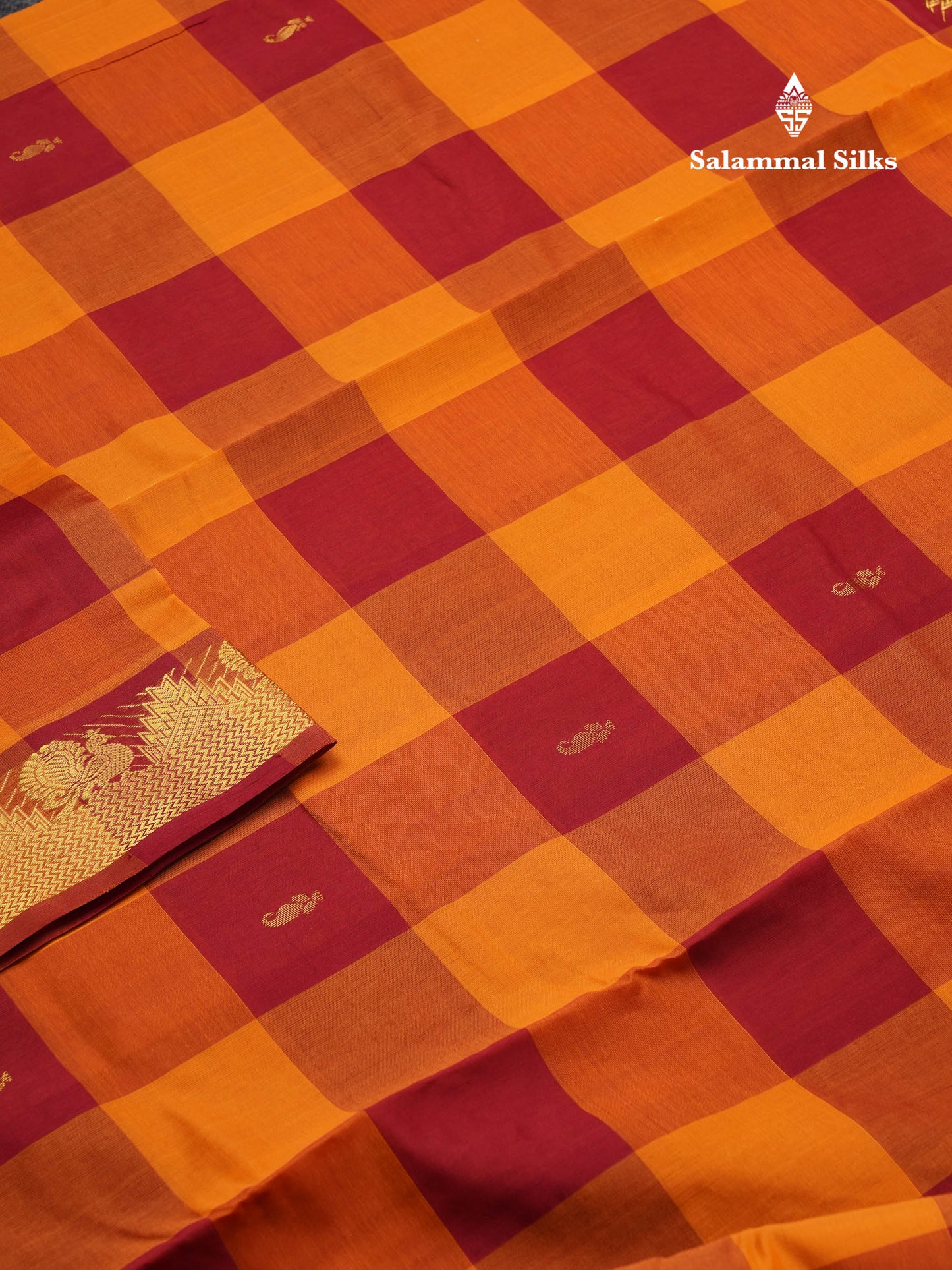 Beautiful Paalum Pazham Checks 10 Yards Semi Silk Cotton Saree With Traditional Border