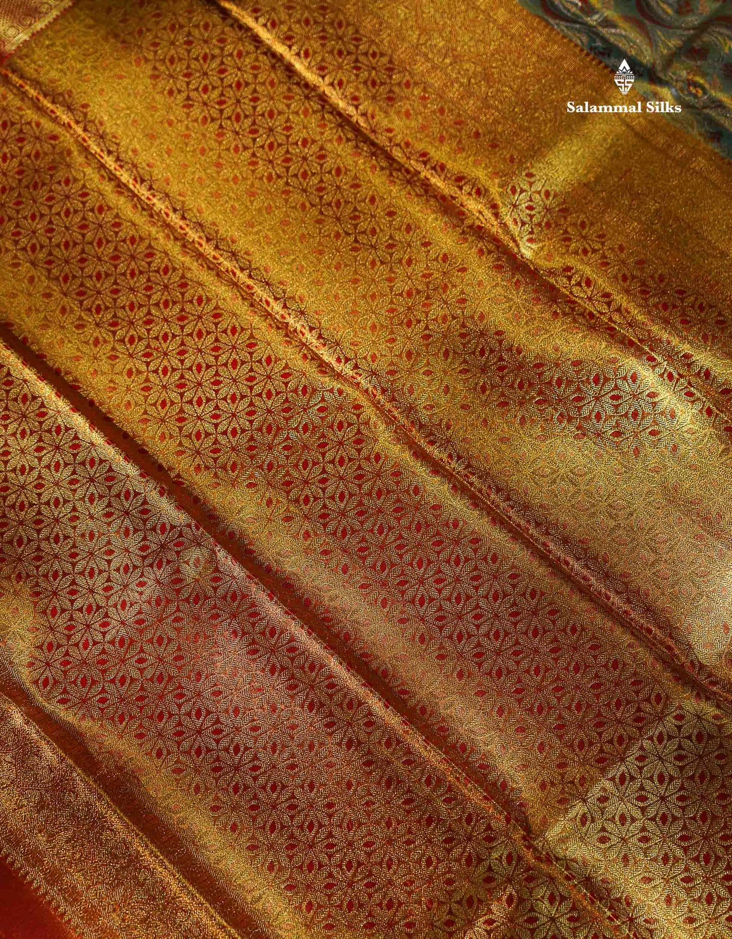 Beautiful Sapphire Green Tissue Bridal Pure Kanjivaram Silk Saree With Contrast Chilly Red Traditional Evening Morning Border