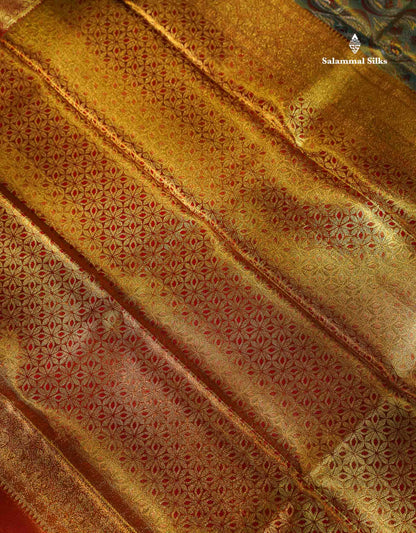 Beautiful Sapphire Green Tissue Bridal Pure Kanjivaram Silk Saree With Contrast Chilly Red Traditional Evening Morning Border