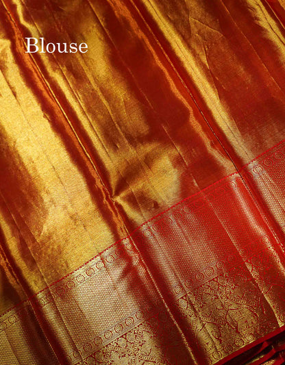 Beautiful Sapphire Green Tissue Bridal Pure Kanjivaram Silk Saree With Contrast Chilly Red Traditional Evening Morning Border