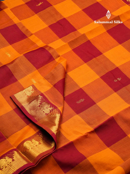 Beautiful Paalum Pazham Checks 10 Yards Semi Silk Cotton Saree With Traditional Border
