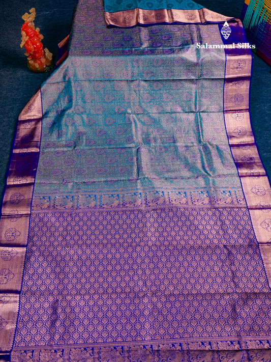 Beautiful Peacocok Blue Pure Kanjivaram Silk Saree With Contrast Navy Blue Traditional Border