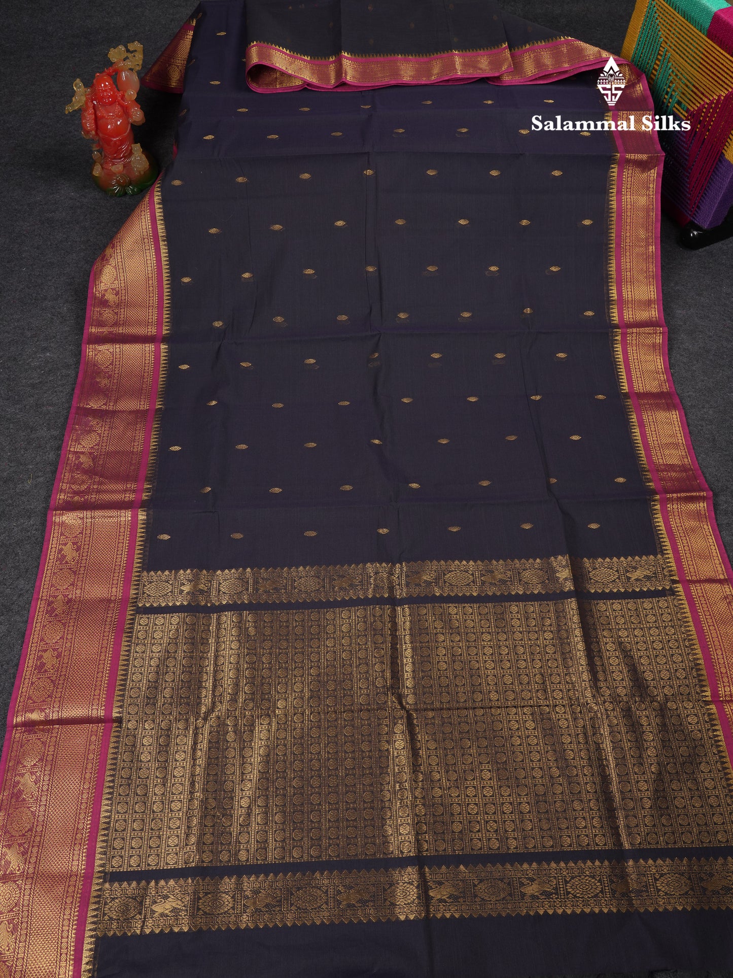 Beautiful Dark Brown Pure Cotton Saree With Contrast Magenta Traditional Border