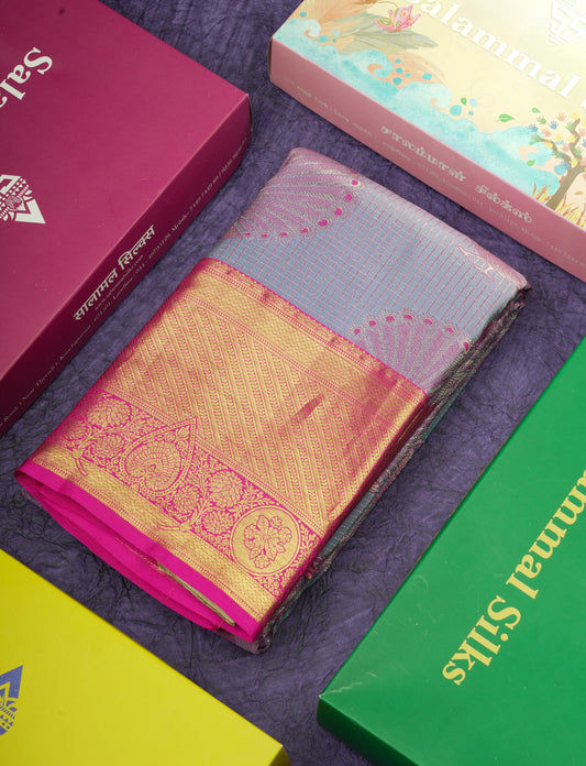 Dual Tone Blue Shade Bridal Pure Kanjivaram Silk Saree With Contrast Magenta Pink Border