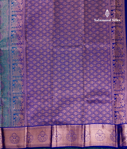 Beautiful Peacocok Blue Pure Kanjivaram Silk Saree With Contrast Navy Blue Traditional Border