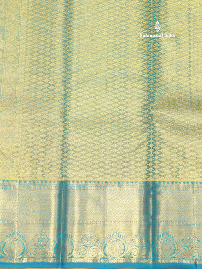 Kanjivaram Peach Tissue Pure Silk Saree With Contrast Blue Border