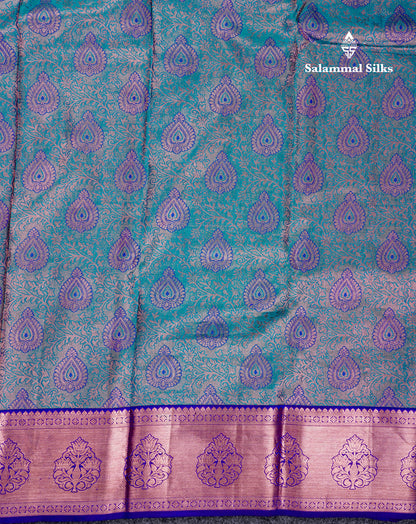 Beautiful Peacocok Blue Pure Kanjivaram Silk Saree With Contrast Navy Blue Traditional Border