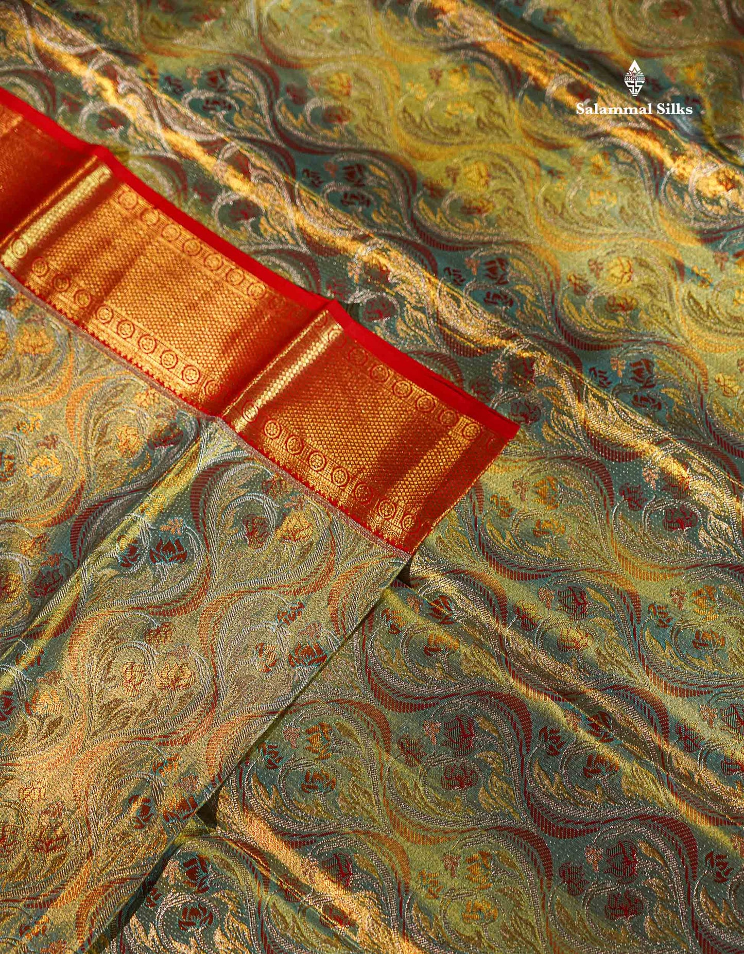 Beautiful Sapphire Green Tissue Bridal Pure Kanjivaram Silk Saree With Contrast Chilly Red Traditional Evening Morning Border