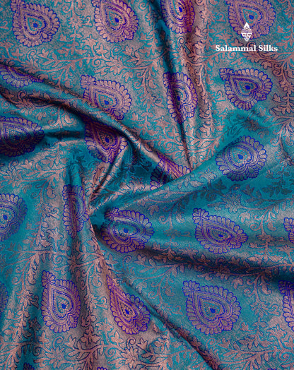Beautiful Peacocok Blue Pure Kanjivaram Silk Saree With Contrast Navy Blue Traditional Border