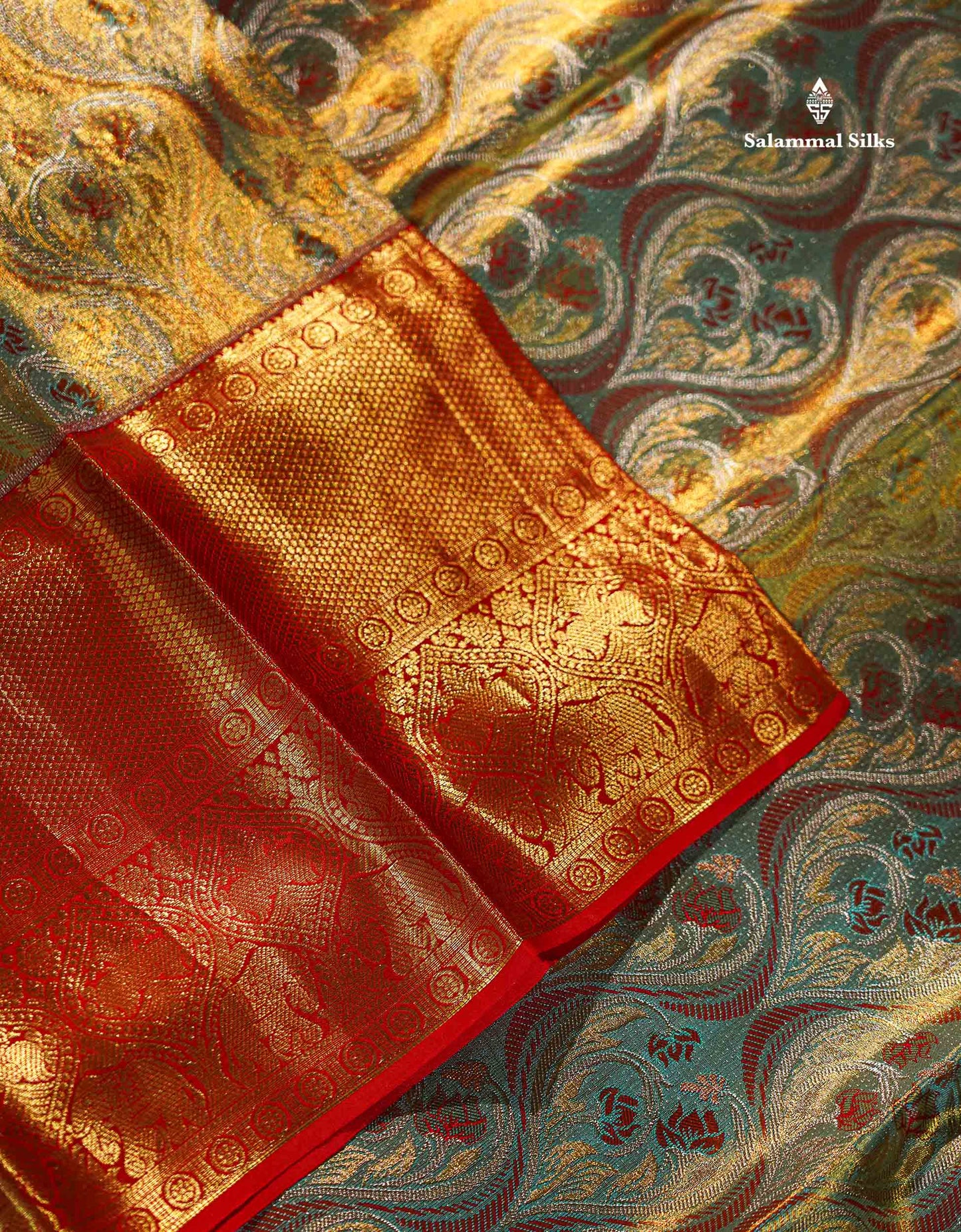 Beautiful Sapphire Green Tissue Bridal Pure Kanjivaram Silk Saree With Contrast Chilly Red Traditional Evening Morning Border