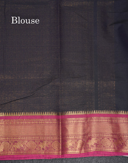Beautiful Dark Brown Pure Cotton Saree With Contrast Magenta Traditional Border