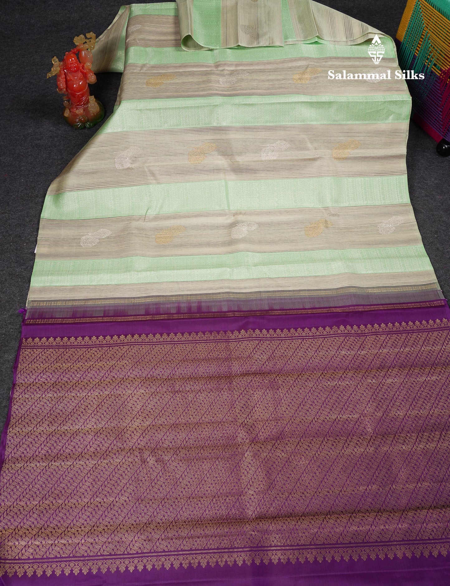 Beautiful Cream Sandal & Rexons Green Fancy Pure Kanjivaram Silk Saree With Contrast Dark Purple Blouse
