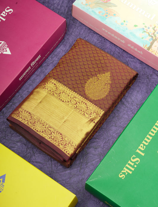 Kanjivaram Brown Pure Silk Jacquard Saree With  Brown Blouse