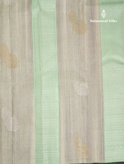 Beautiful Cream Sandal & Rexons Green Fancy Pure Kanjivaram Silk Saree With Contrast Dark Purple Blouse