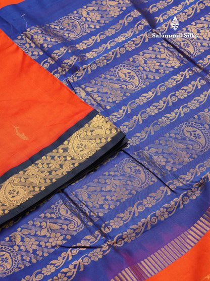 Orange 9.5 Yards Semi Silk Cotton Saree With Contrast Navy Blue Border