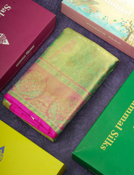 Rexona Tissue Bridal Pure Kanjivaram Silk Saree With Pink Paithani Border