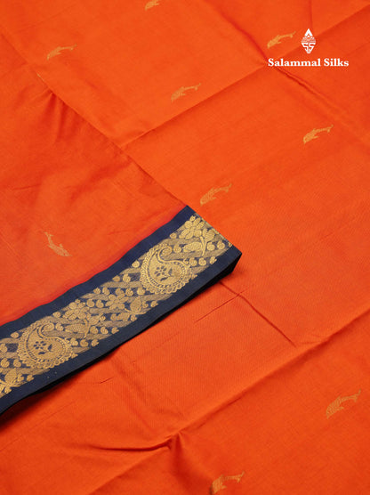 Orange 9.5 Yards Semi Silk Cotton Saree With Contrast Navy Blue Border
