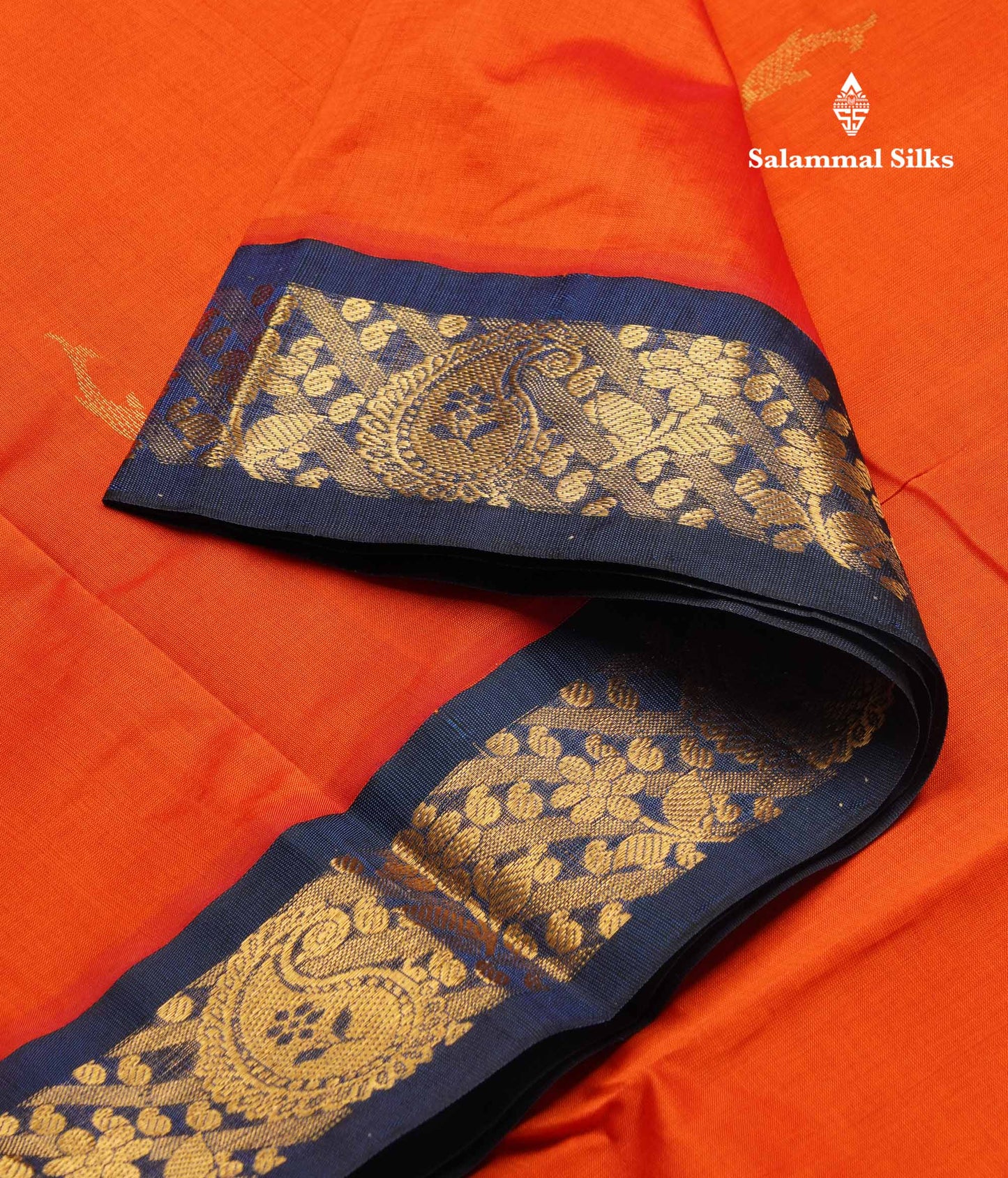 Orange 9.5 Yards Semi Silk Cotton Saree With Contrast Navy Blue Border
